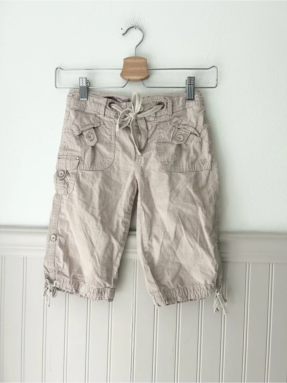 Y2K Justice Slim 12 Beige Cargo Capri Drawstring Shorts Cotton